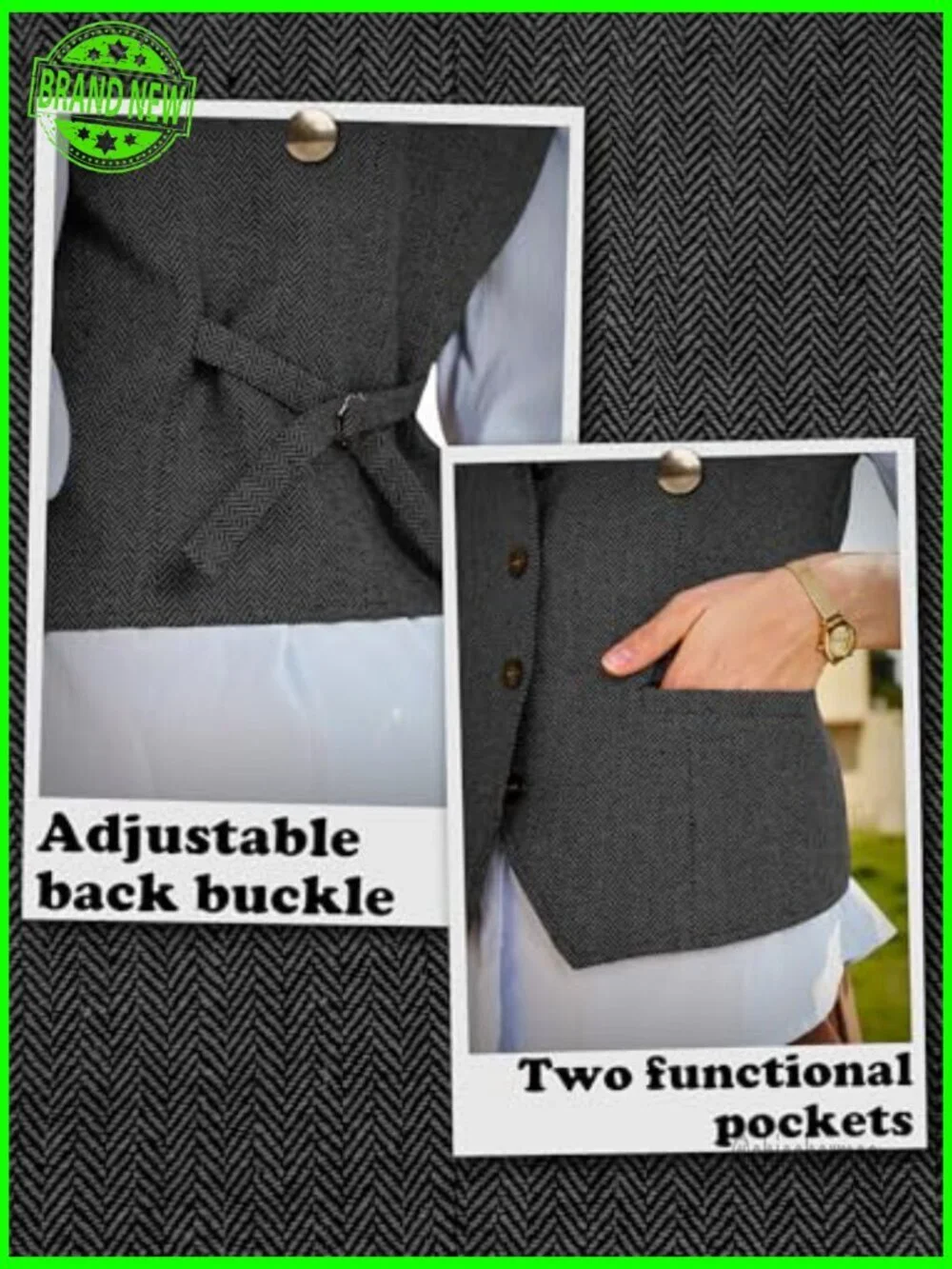 Herringbone Tweed Waistcoat Sleeveless Blazer Suit Vest with Adjustable Back